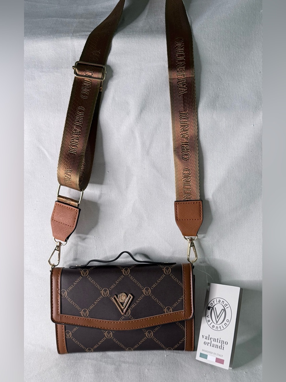 Valentino Orlandi Brown and Tan Logo Crossbody with Branded Strap
